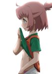  ahoge eeshin_(eishin5584) eyebrows_visible_through_hair green_eyes green_shirt gundam gundam_build_divers hot lifted_by_self navel pink_hair profile shirt shirt_lift short_hair short_sleeves simple_background solo sweat white_background yashiro_momoka 