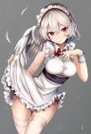  bow bowtie dress_shirt eyebrows_visible_through_hair feathered_wings frilled_skirt frills grey_background hair_between_eyes high-waist_skirt houdukixx kishin_sagume long_hair looking_at_viewer maid_headdress red_bow red_eyes red_neckwear shirt silver_hair simple_background single_wing skirt skirt_hold sleeveless sleeveless_shirt solo standing thighhighs touhou white_feathers white_legwear white_shirt white_skirt white_wings wings wrist_cuffs 