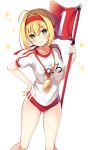  ahoge blonde_hair blush buruma closed_mouth commentary_request fate/extra fate/grand_order fate_(series) flag green_eyes gym_uniform hand_on_hip headband looking_at_viewer medal nero_claudius_(fate) nero_claudius_(fate)_(all) olympian_bloomers red_buruma red_headband short_hair short_sleeves simple_background smile solo sparkle standing sumisaki_yuzuna white_background 