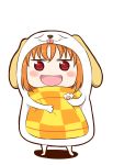  :d animal_costume animal_hood ariria_(nanayuri) bangs blush_stickers chibi cosplay dog_costume highres himouto!_umaru-chan hood komaru komaru_(cosplay) looking_at_viewer love_live! love_live!_sunshine!! open_mouth orange_hair parody pillow pillow_hug red_eyes shiitake_(love_live!_sunshine!!) shiitake_(love_live!_sunshine!!)_(cosplay) short_hair smile solo standing style_parody takami_chika 