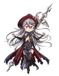  :&gt; between_breasts breasts cape detached_sleeves full_body garter_straps granblue_fantasy hat large_breasts long_hair magisa_(granblue_fantasy) pelvic_curtain polearm satsuki_imonet silver_hair solid_oval_eyes solo thighhighs torn_cape weapon witch_hat 