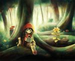  :o aikei_ake animal bangs black_hair blush book boots braid brown_shorts cape cat commentary_request day eyebrows_visible_through_hair flower forest green_eyes holding holding_book hood hood_up hooded_cape little_red_riding_hood little_red_riding_hood_(grimm) low_twintails mushroom nature open_book original outdoors parted_lips puffy_shorts red_cape red_footwear short_shorts shorts sitting solo tree twin_braids twintails yellow_flower 