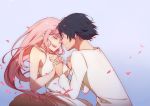  1girl bangs bare_shoulders black_hair blue_eyes blue_horns blush chenaze57 closed_eyes collarbone commentary_request couple darling_in_the_franxx face-to-face facing_another fang fingernails forehead-to-forehead hair_ornament hairband hetero highres hiro_(darling_in_the_franxx) holding_hands horns long_hair looking_at_another nightgown oni_horns pajamas petals pink_hair red_horns sleeveless white_hairband white_nightgown white_pajamas zero_two_(darling_in_the_franxx) 
