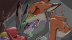  &lt;3 anthro bedroom_eyes blush canine disney drooling duo female fox french_kissing fur green_eyes grey_fur half-closed_eyes judy_hopps kissing lagomorph male mammal nick_wilde open_mouth orange_fur pillow purple_eyes rabbit rarewhoroastbeast_(artist) saliva seductive tongue tongue_out zootopia 