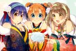  3girls bangs bare_shoulders blue_eyes blue_hair blush bow brown_hair chinese_zodiac closed_mouth commentary_request double_bun floral_print flower gesho hair_between_eyes hair_bow hair_flower hair_ornament hair_ribbon hairband highres holding japanese_clothes kimono kousaka_honoka long_hair long_sleeves love_live! love_live!_school_idol_festival love_live!_school_idol_project minami_kotori multiple_girls one_side_up open_mouth orange_hair pointing ribbon sheep smile sonoda_umi striped striped_hairband striped_ribbon wide_sleeves year_of_the_goat yellow_eyes 