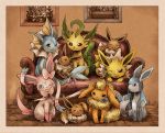  couch creature eevee espeon flareon gen_1_pokemon gen_2_pokemon gen_4_pokemon gen_6_pokemon glaceon indoors jolteon leafeon matsuri_(matsuike) no_humans one_eye_closed pokemon pokemon_(creature) ribbon sepia_background sitting sylveon umbreon vaporeon 