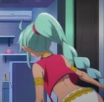  1girl animated animated_gif ass blue_hair blush braid breasts cleavage curvy dark_skin female green_hair huge_ass long_hair midriff musaigen_no_phantom_world navel outstretched_arms panties ponytail ruru_(phantom_world) shiny underwear very_long_hair white_panties 