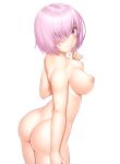 3: ass blush breasts closed_mouth eyebrows_visible_through_hair fate/grand_order fate_(series) hair_over_one_eye looking_at_viewer looking_to_the_side mash_kyrielight medium_breasts nipples nude pink_eyes pink_hair short_hair simple_background sin-go solo standing white_background 