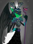  2017 4_fingers anthro armor black_feathers breastplate canine clothing crown day_of_the_dead dipstick_ears disney feathered_wings feathers fox fur gloves green_fur grey_background hand_on_hip hi_res holding_object looking_at_viewer male mammal nick_wilde plate_armor red_eyes simple_background skeletonguys-and-ragdolls skirt skull smile solo staff the_book_of_life white_fur wings zootopia 