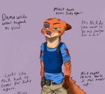  2016 anthro armor black_eye blood body_armor canine claw_marks clothed clothing dialogue disney english_text fox fur gloves_(marking) green_eyes male mammal markings nick_wilde police_uniform red_fur simple_background solo text uniform wounded zootopia 