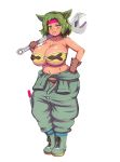  animal_ears bandeau bare_shoulders boots breasts clothes_around_waist collarbone commentary covered_nipples dark_skin english_commentary full_body gloves green_hair gremlin_(monster_girl_encyclopedia) grin headband highres huge_breasts monster_girl_encyclopedia nav navel o-ring o-ring_top pants screwdriver shirt_around_waist short_hair smile solo transparent_background wrench yellow_eyes 