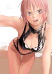  :d bent_over breasts brown_eyes cleavage commentary_request cowboy_shot hair_between_eyes highres kilye_4421 leather_bikini looking_at_viewer open_mouth original pink_hair short_hair smile thigh_gap 