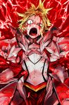  angry armor asymmetrical_eyes blonde_hair blood blood_from_mouth blood_on_face commentary_request constricted_pupils fate/apocrypha fate/grand_order fate_(series) gauntlets glowing green_eyes lightning looking_at_viewer mordred_(fate)_(all) open_mouth pauldrons ponytail shouting solo spiked_hair torichamaru twitter_username uneven_eyes wide-eyed 