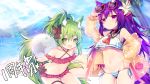  2girls anthropomorphism azur_lane ball beach bikini bow breasts clouds fang flat_chest foxgirl garter green_eyes green_hair isokaze_(azur_lane) loli long_hair navel ponytail purple_eyes purple_hair see_through seifuku sky sunglasses swimsuit tail underboob urakaze_(azur_lane) utm waifu2x water 