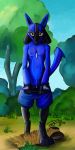  2018 anthro balls black_fur blue_fur canine clothing foreskin fur jyru lucario male mammal nintendo nude outside pants penis pok&eacute;mon pok&eacute;mon_(species) solo uncut undressing video_games 