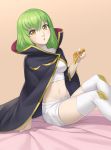  :o bangs blush boots breasts c.c. cape code_geass cristalavi crop_top green_hair highres holding_pizza long_hair looking_at_viewer medium_breasts midriff shirt shorts sitting solo thigh_boots thighhighs white_footwear white_shirt white_shorts yellow_eyes 