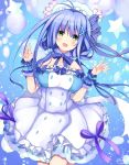  :d ahoge blue blue_background blue_bow blue_hair blue_scrunchie bow bowtie cowboy_shot detached_collar dress flower flower_knight_girl frills green_eyes hair_bow hair_flower hair_ornament hair_scrunchie hairband highres long_hair looking_at_viewer open_mouth purple_bow scrunchie shabonsou_(flower_knight_girl) smile solo standing star striped striped_bow suzume_(simple0091) twintails white_dress wrist_cuffs x_hair_ornament 