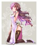  black_legwear breasts brown_hair china_dress chinese_clothes commentary_request dress finger_to_mouth full_body hand_on_own_thigh high_heels highres iesupa kneeling long_hair medium_breasts multicolored_hair neo_(rwby) pelvic_curtain pink_eyes pink_hair rwby side_slit solo thighhighs two-tone_hair white_dress wristband 