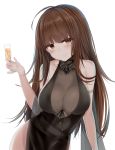 absurdres ahoge alcohol alternate_costume armlet bangs black_dress blunt_bangs blush breasts brown_hair casual champagne_flute choker cleavage closed_mouth commentary_request cup dress drinking_glass dsr-50_(girls_frontline) eyebrows_visible_through_hair girls_frontline heart heart-shaped_pupils highres holding holding_cup large_breasts leaning_forward long_hair looking_at_viewer no_bra red_eyes ru_zhai side_slit sideboob sidelocks simple_background smile solo symbol-shaped_pupils thighs upper_body very_long_hair white_background 