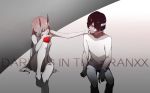  1girl apple bandage_on_face bandaged_head bandaged_neck bandages bangs barefoot black_hair breasts chenaze57 clothed_male_nude_female commentary_request couple darling_in_the_franxx eyebrows_visible_through_hair fingernails food fruit hair_censor hair_over_crotch hair_over_one_breast hand_on_another's_chin hetero highres hiro_(darling_in_the_franxx) holding holding_food holding_fruit horns large_breasts long_hair looking_at_another nail nude oni_horns pajamas pink_hair red_horns revision sitting zero_two_(darling_in_the_franxx) 