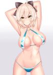  armpits arms_behind_head arms_up bangs bikini blush bow breasts closed_mouth commentary_request eyebrows_visible_through_hair fate/grand_order fate_(series) gradient gradient_background hair_bow halterneck highres koha-ace large_breasts navel o-ring o-ring_bikini okita_souji_(fate) okita_souji_(fate)_(all) pink_hair sankakusui shiny shiny_skin short_hair simple_background solo swimsuit yellow_eyes 