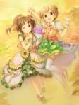  2girls :d aiba_yumi arm_up blonde_hair blush bouquet bow brown_eyes brown_hair choker commentary_request dress finger_to_mouth floral_print flower flower_ornament frilled_dress frills full_body garter_straps gloves hair_flower hair_ornament highres holding holding_bouquet idolmaster idolmaster_cinderella_girls idolmaster_cinderella_girls_starlight_stage long_hair looking_at_viewer mary_janes multiple_girls neck_ribbon one_eye_closed open_mouth ponytail puffy_short_sleeves puffy_sleeves ribbon shoes short_hair short_sleeves shushing smile socks takamori_aiko takoyaki_(roast) thighhighs wrist_cuffs 