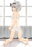  ass bangs bare_arms bare_back bare_legs bare_shoulders barefoot black_hairband black_ribbon bow bow_panties bra breasts commentary curtains eyebrows_visible_through_hair flan_(seeyouflan) from_behind grey_eyes hair_ribbon hairband highres indoors ke-ta_(style) kneeling konpaku_youmu looking_at_viewer looking_back midriff panties parted_lips profile ribbon see-through short_hair silver_hair small_breasts soles solo touhou underwear underwear_only white_bow white_bra white_panties window 