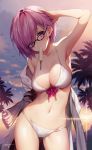  arm_up armpits bikini blush breasts cleavage cloud collarbone fate/grand_order fate_(series) food food_in_mouth glasses hair_over_one_eye highres jacket large_breasts looking_at_viewer mash_kyrielight navel necomi open_clothes open_jacket palm_tree popsicle purple_eyes purple_hair short_hair signature sky solo stomach sun swimsuit swimsuit_of_perpetual_summer tree twilight white_bikini 