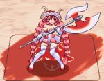  animated animated_gif axe bare_shoulders battle_axe blinking bouncing_breasts bouncing_hair braid breasts commentary_request dress dungeon_maker emma_(dungeon_maker) flower_wreath full_body horns huge_weapon knees_together_feet_apart large_breasts long_hair migel_futoshi pink_hair red_eyes smile solo thighhighs twin_braids very_long_hair weapon 