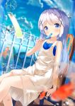  animal bangs bare_arms bare_shoulders blue_eyes blue_sky blurry blurry_background blurry_foreground blush chair chinomaron cloud collarbone commentary_request day depth_of_field detached_sleeves dress eyebrows_visible_through_hair fingernails fish gochuumon_wa_usagi_desu_ka? hair_ornament highres kafuu_chino long_hair on_chair outdoors purple_hair railing signature sitting sky sleeveless sleeveless_dress solo very_long_hair white_dress wind_chime x_hair_ornament 