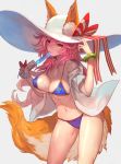  animal_ear_fluff animal_ears bikini blue_bikini bracelet breasts brown_hair commentary_request fate/grand_order fate_(series) food fox_ears fox_tail hat highres jacket jewelry lack large_breasts licking open_clothes open_jacket pink_hair popsicle solo strap_gap sun_hat sweat swimsuit tail tamamo_(fate)_(all) tamamo_no_mae_(swimsuit_lancer)_(fate) 