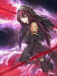  asurada_yui bodysuit breasts dual_wielding fate/grand_order fate_(series) gae_bolg gem high_heels highres holding holding_weapon lightning long_hair looking_at_viewer pauldrons pixiv_fate/grand_order_contest_2 polearm purple_bodysuit purple_hair red_eyes scathach_(fate)_(all) scathach_(fate/grand_order) shoulder_armor skin_tight spear veil very_long_hair weapon 