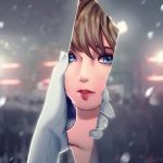  android bangs blue_eyes brown_hair detroit:_become_human esther face glass holding kara_(detroit) lips looking_at_viewer out_of_frame parted_lips pov red_lips reflection shards short_hair snow snowing solo 
