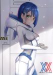  absurdres bangs blue_hair bodysuit breasts breasts_apart copyright_name cowboy_shot darling_in_the_franxx from_side green_eyes hair_ornament hairclip highres ichigo_(darling_in_the_franxx) koi0806 looking_at_viewer medium_breasts pilot_suit short_hair skin_tight small_breasts solo standing swept_bangs white_bodysuit 