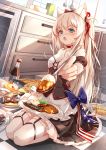  absurdres american_flag american_flag_print animal_ears azur_lane blue_eyes blush bottle breasts cat_ears chinese_commentary clouble commentary_request curry curry_rice dishes feeding fish flag_print food hair_ornament hair_ribbon hammann_(azur_lane) highres indoors kitchen light_particles long_hair looking_at_viewer open_mouth pie remodel_(azur_lane) ribbon rice seiza silver_hair sitting solo spoon thighhighs white_background 