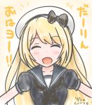  black_shirt blonde_hair blush bow commentary_request curse_(023) dress gloves hat jervis_(kantai_collection) kantai_collection long_hair neckerchief sailor_dress sailor_hat shirt short_sleeves solo translation_request white_gloves 