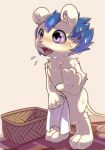  anthro basket blush covering covering_self cub cute_fangs fur male mammal mouse nude open_mouth purple_eyes rodent solo theyamori white_fur young 