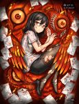  black_hair blood closed_mouth gia high_heels highres looking_at_viewer lying medium_hair on_side orange_eyes pantyhose pencil_skirt scp-444-jp scp_foundation semi-rimless_eyewear shoes single_shoe skirt solo torn_clothes torn_legwear 