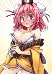  ahoge aki_chimaki alternate_costume bandaged_arm bandages bare_shoulders blush breasts bun_cover cleavage collarbone commentary_request cosplay double_bun highres ibaraki_douji_(fate/grand_order) ibaraki_douji_(fate/grand_order)_(cosplay) ibaraki_kasen large_breasts namesake open_mouth pink_eyes pink_hair short_hair solo touhou 