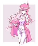 1girl bowler_hat breasts brown_eyes brown_hair cleavage collarbone feathers gloves hat heterochromia highres iesupa limited_palette midriff monochrome multicolored_hair navel neo_(rwby) pants pink_eyes pink_hair rwby solo 