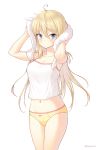  ahoge arms_up bad_id bad_pixiv_id blonde_hair blue_eyes blush bow bow_panties camisole commentary cowboy_shot drying drying_hair hair_between_eyes highres long_hair melomelo_d midriff navel original panties simple_background solo towel twitter_username underwear white_background yellow_panties 