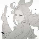  ahoge bow bravely_default:_flying_fairy bravely_default_(series) commentary debris edea_lee elbow_gloves english_commentary gloves greyscale hair_bow holding holding_weapon koyorin long_hair looking_at_viewer looking_back monochrome ribbon sketch solo weapon 