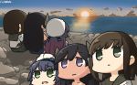  alternate_hairstyle black_hair black_sailor_collar black_skirt blue_sky brown_hair cloud commentary dated empty_eyes eyebrows_visible_through_hair fubuki_(kantai_collection) green_eyes hair_ornament hamu_koutarou hat highres i-400_(kantai_collection) kantai_collection long_hair matsuwa_(kantai_collection) multiple_girls ocean open_mouth outdoors pleated_skirt purple_eyes remodel_(kantai_collection) sailor_collar sailor_hat school_uniform serafuku short_hair short_ponytail short_sleeves sitting skirt sky sun sunrise tan tanline tears torn_clothes white_hat 