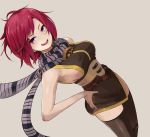  armpits black_dress breasts commentary_request dress hair_between_eyes highres looking_at_viewer nel_zelpher norupaa open_mouth purple_eyes red_hair scarf short_hair sideboob smile solo standing star_ocean star_ocean_till_the_end_of_time striped thighhighs 
