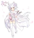  1girl anchor animal_ears azur_lane blush cat_ears cherry_blossoms dress eyebrows_visible_through_hair flower hair_flower hair_ornament hair_up japanese_clothes long_sleeves looking_to_the_side open_mouth red_eyes red_string sandals saru solo string string_around_finger thighhighs transparent_background wedding_dress white_dress white_footwear white_hair white_legwear wide_sleeves yukikaze_(azur_lane) zettai_ryouiki 