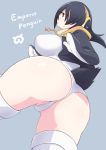  1girl artist_request ass black_hair black_jacket brown_eyes cowboy_shot emperor_penguin_(kemono_friends) female from_behind hair_over_one_eye headphones highleg highleg_leotard highres hood hoodie huge_ass jacket kemono_friends leotard looking_at_viewer looking_back multicolored_hair shiny shiny_skin simple_background solo white_leotard 