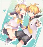  1girl ahoge arm_warmers blonde_hair bow bowtie fang grey_eyes hair_bow heart holding_hands kagamine_len kagamine_rin kuroi_(liar-player) leg_warmers looking_at_viewer miniskirt necktie sailor_collar short_hair shorts signature skirt smile star starry_background v v4x vocaloid 