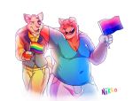  2018 5_fingers anthro bi_pride bisexual_flag blue_clothing blue_shirt blue_topwear brown_fur captain_nikko cat cel_shading clothed clothing digital_media_(artwork) duo eye_markings fangs feline flag floppy_ears front_view fully_clothed fur gay_pride head_tuft hi_res holding_object hug male mammal markings one_eye_closed open_mouth pants pink_bottomwear pink_clothing pink_nose pink_pants rainbow rainbow_flag rainbow_symbol shirt signature simple_background smile standing suit tan_fur teeth whiskers white_background wink yellow_bottomwear yellow_clothing yellow_eyes yellow_pants 