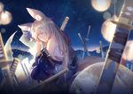  animal_ears azur_lane bangs bare_shoulders bell blonde_hair breasts chinese_commentary closed_eyes commentary_request eyebrows_visible_through_hair flower fox_ears fox_tail hair_flower hair_ornament highres japanese_clothes jingle_bell katana kimono light_particles lights lingcat long_hair multiple_swords multiple_tails night niizuki_(azur_lane) off_shoulder parted_lips resting sidelocks sky solo star_(sky) starry_sky sword tail weapon wide_sleeves 