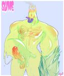  anthro balls bone creepy crystal dipping dogfu erection goo_creature hi_res long_tongue male monster muscular nipples not_furry penis simple_background skull slime solo tongue tongue_out vein veiny_penis 